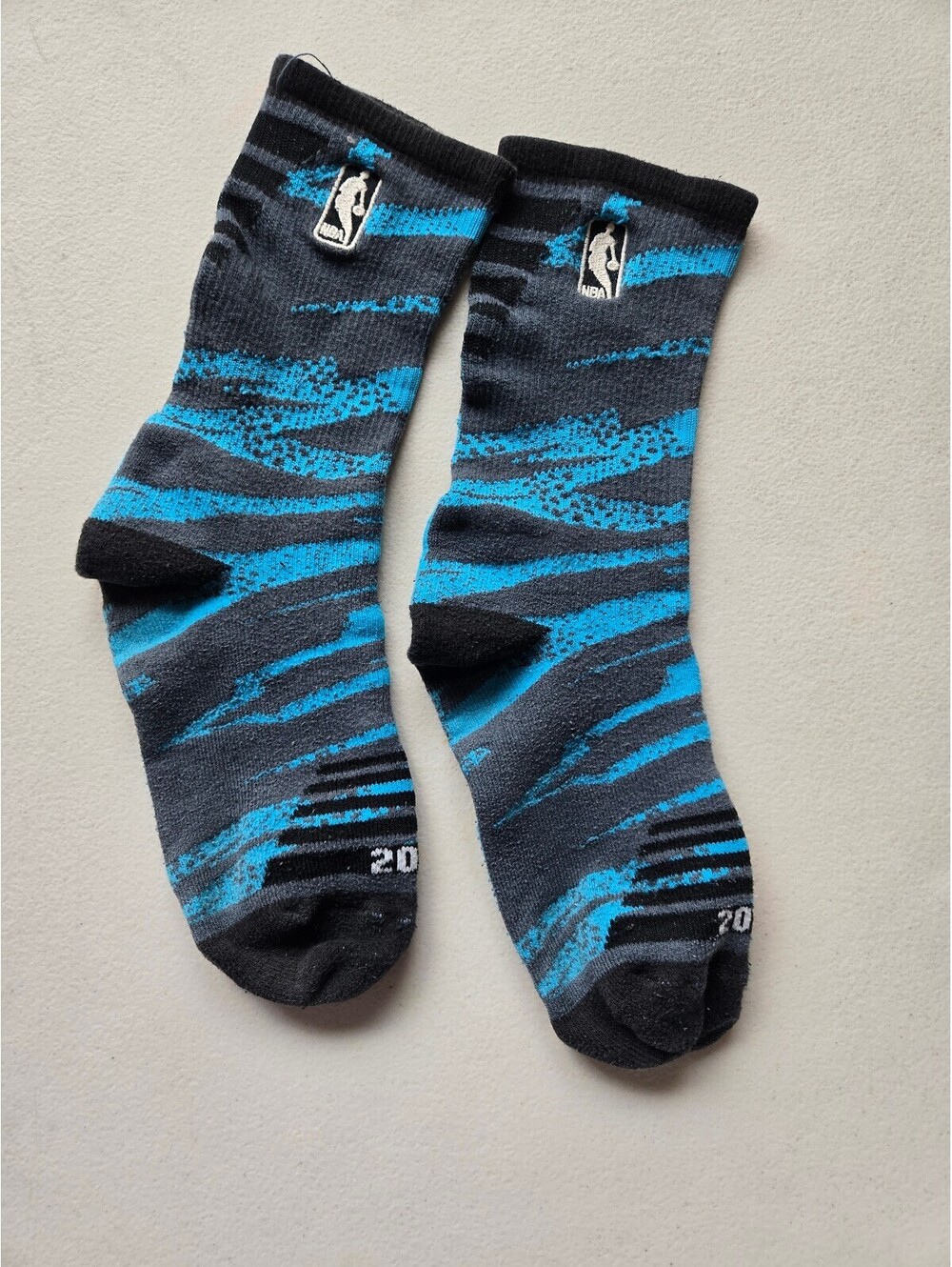 NBA Logo Performance Crew Basketball Socks Gray Blue Striped Cushioned Preowned